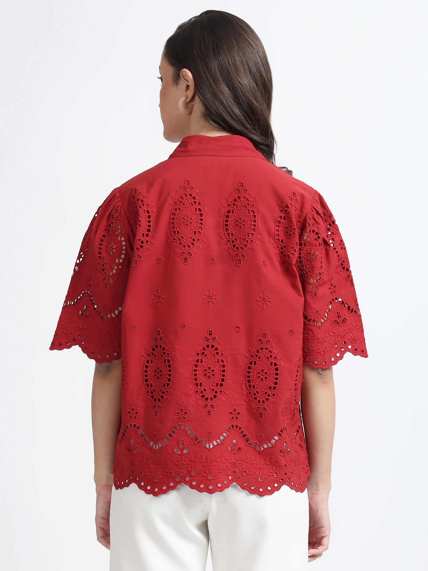 Women Red Schiffli Embroidery Short Sleeve Shirt