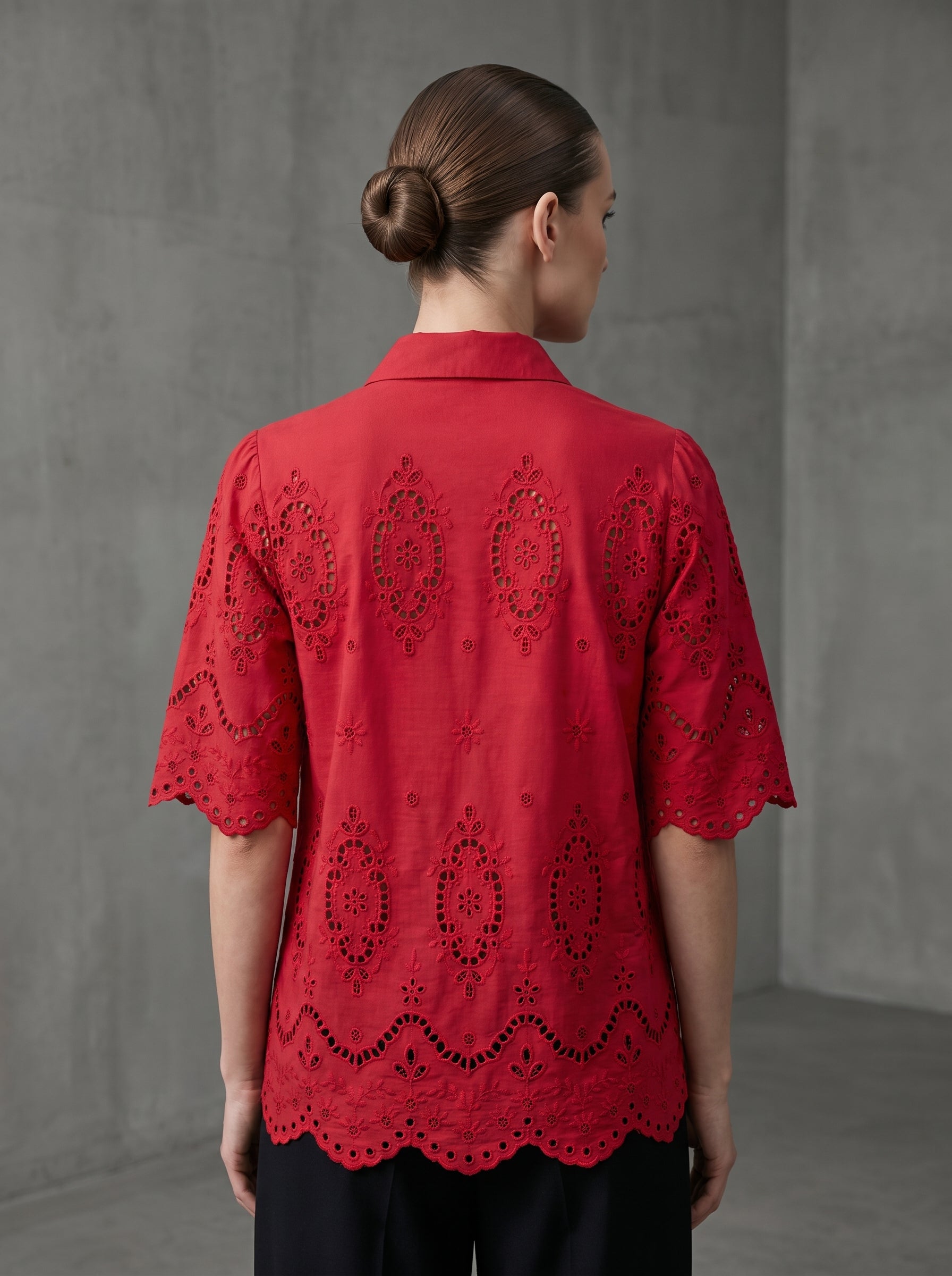 Women's Red Schifley Embroidered Cotton Half Sleeve Shirt