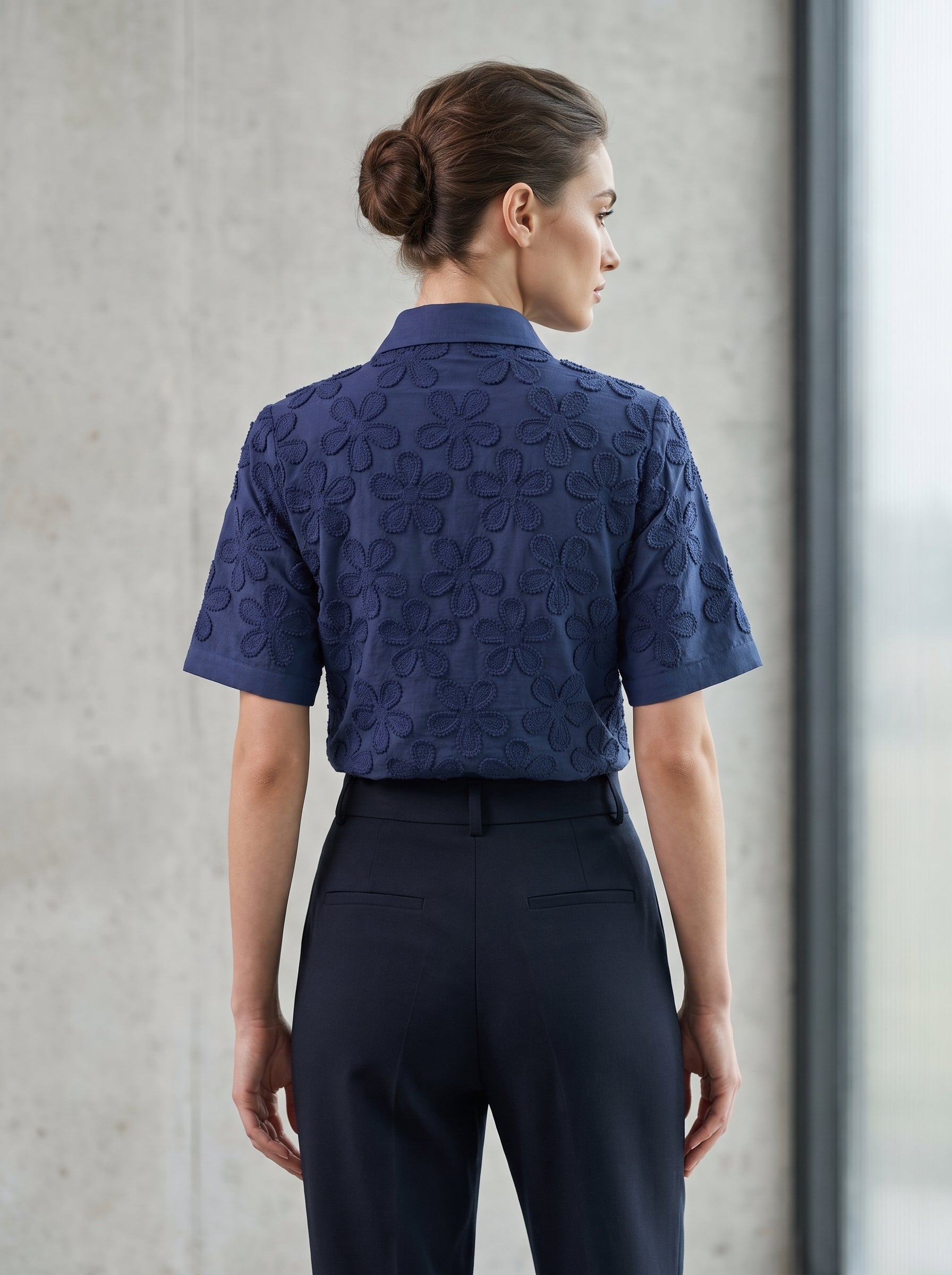 Women's Navy Blue Floral Schifley Embroidered Cotton Shirt