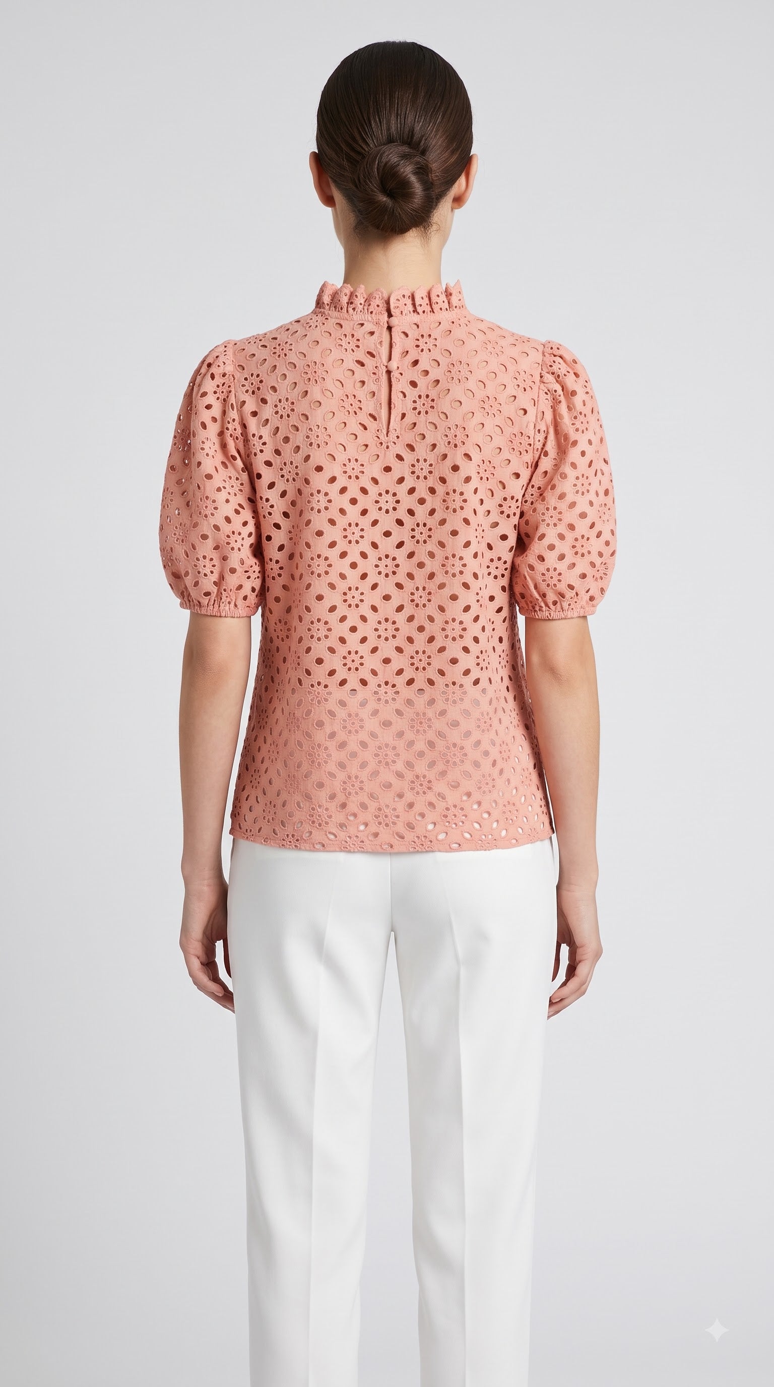 Women Peach Schiffli Embroidered High-Neck Top with Puff Sleeves