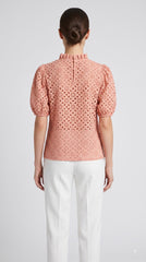 Women Peach Schiffli Embroidered High-Neck Top with Puff Sleeves