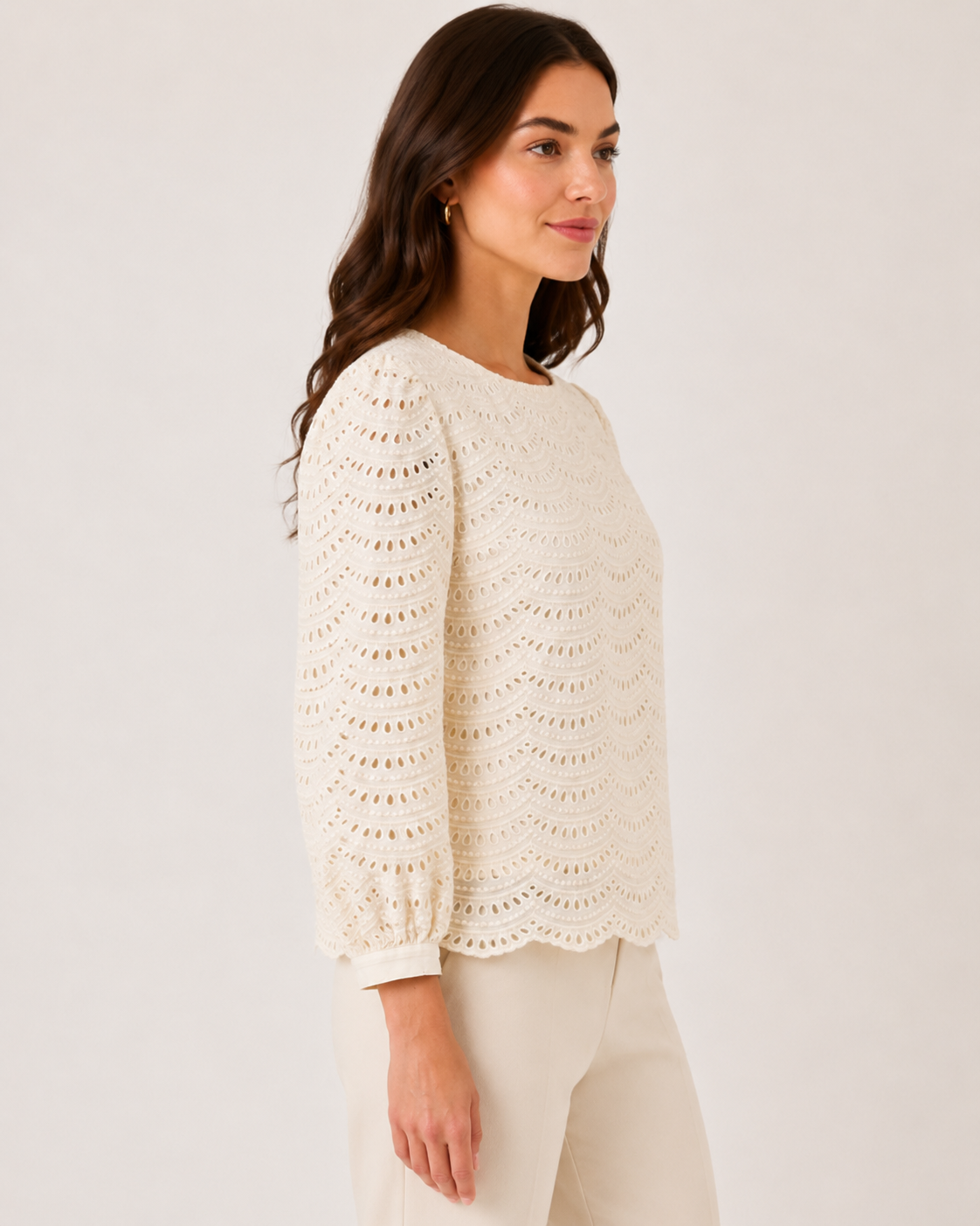 Cream Schiffli Embroidered Top with Puff Sleeves