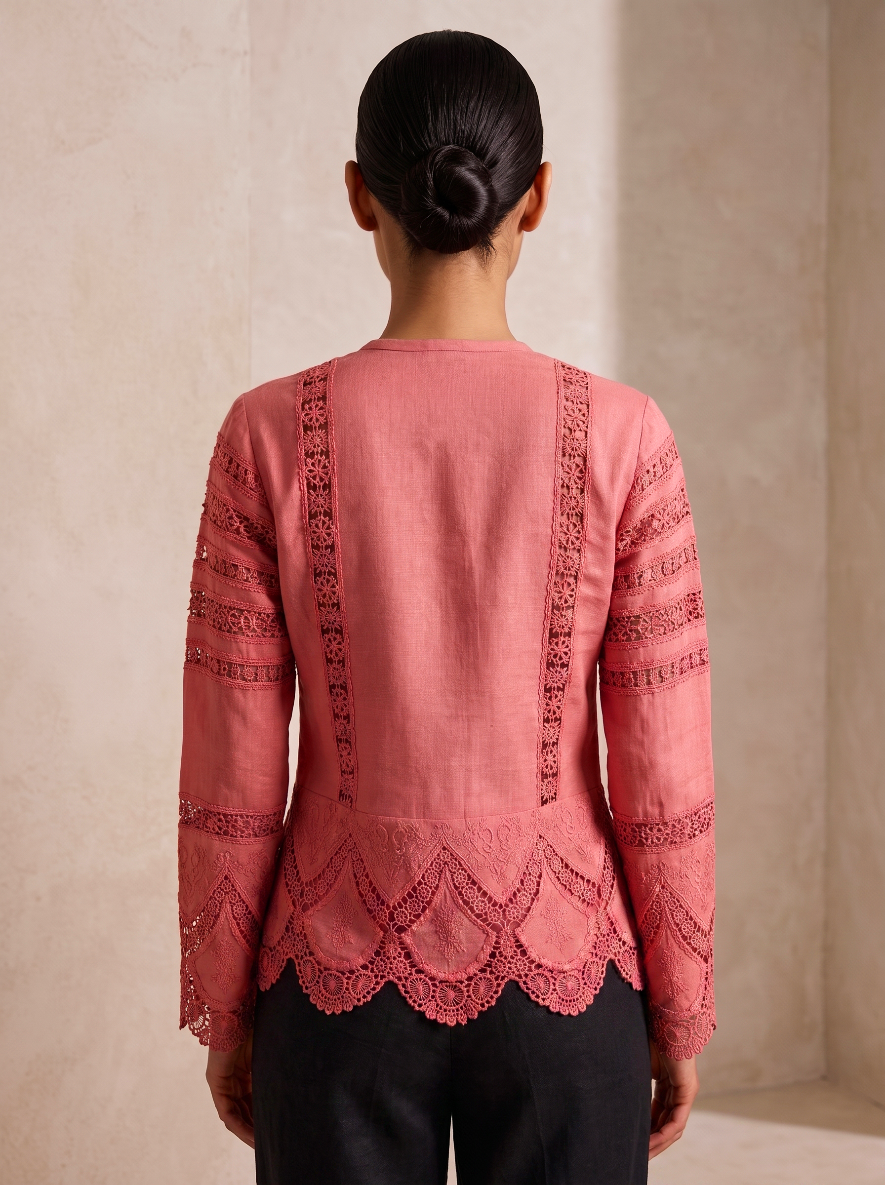 Dusty Pink Embroidered Lace Crop Top with Bell Sleeves