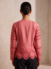 Dusty Pink Embroidered Lace Crop Top with Bell Sleeves