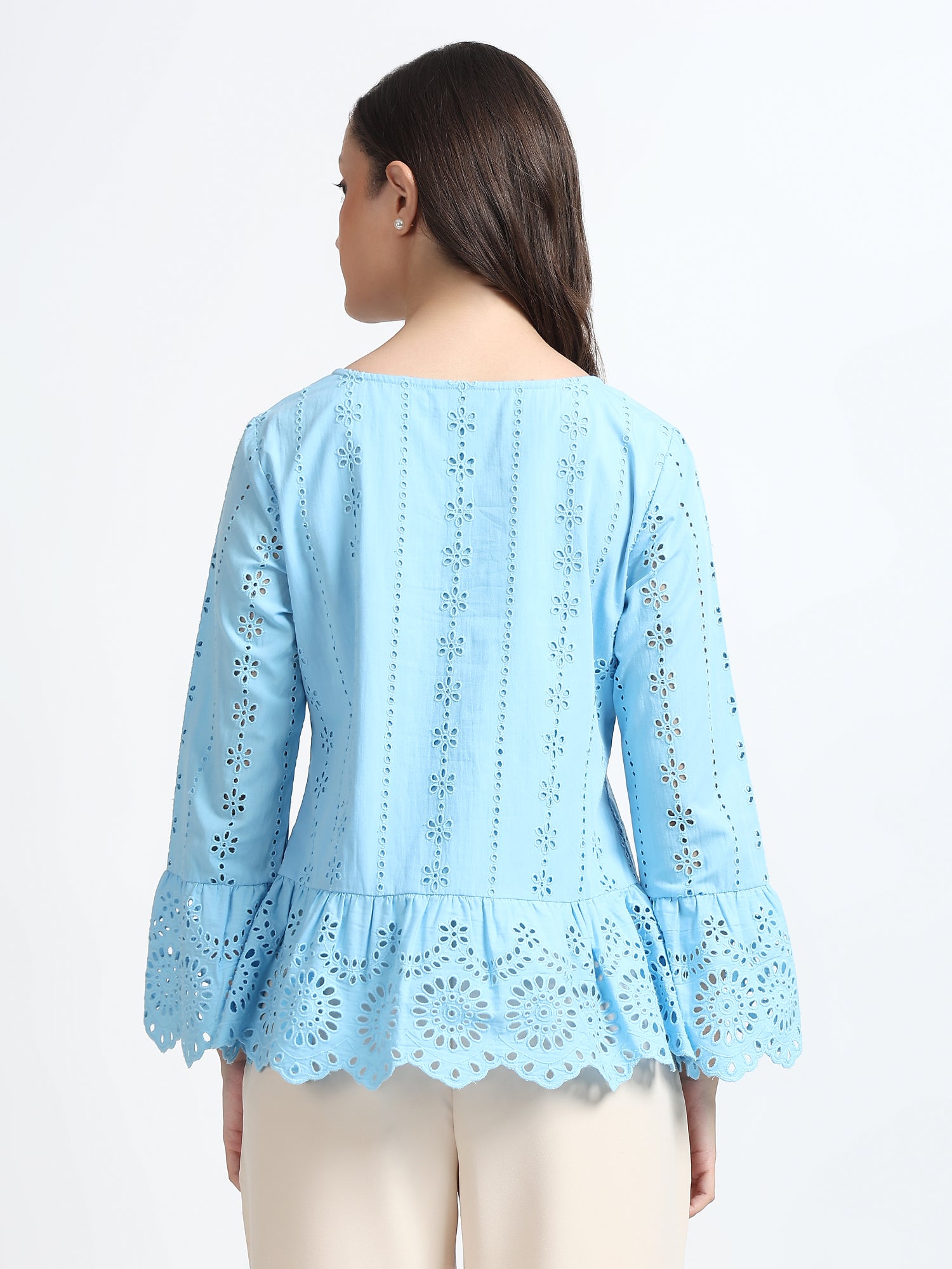 Women Sky Blue Schiffli Embroidery Peplum Top