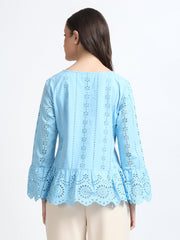 Women Sky Blue Schiffli Embroidery Peplum Top