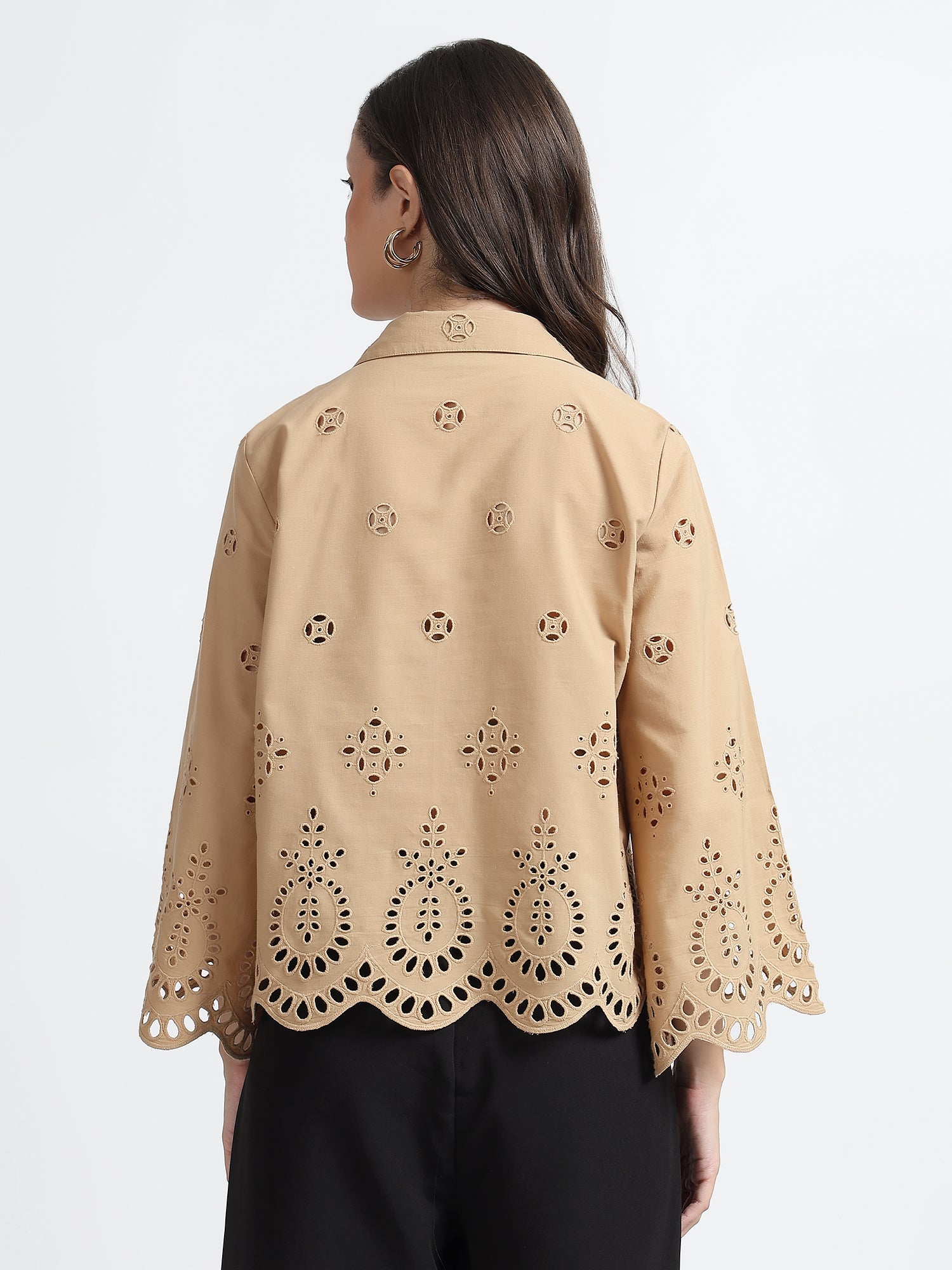 Women Beige Schiffli Embroidery Full Sleeve Shirt
