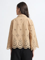 Women Beige Schiffli Embroidery Full Sleeve Shirt