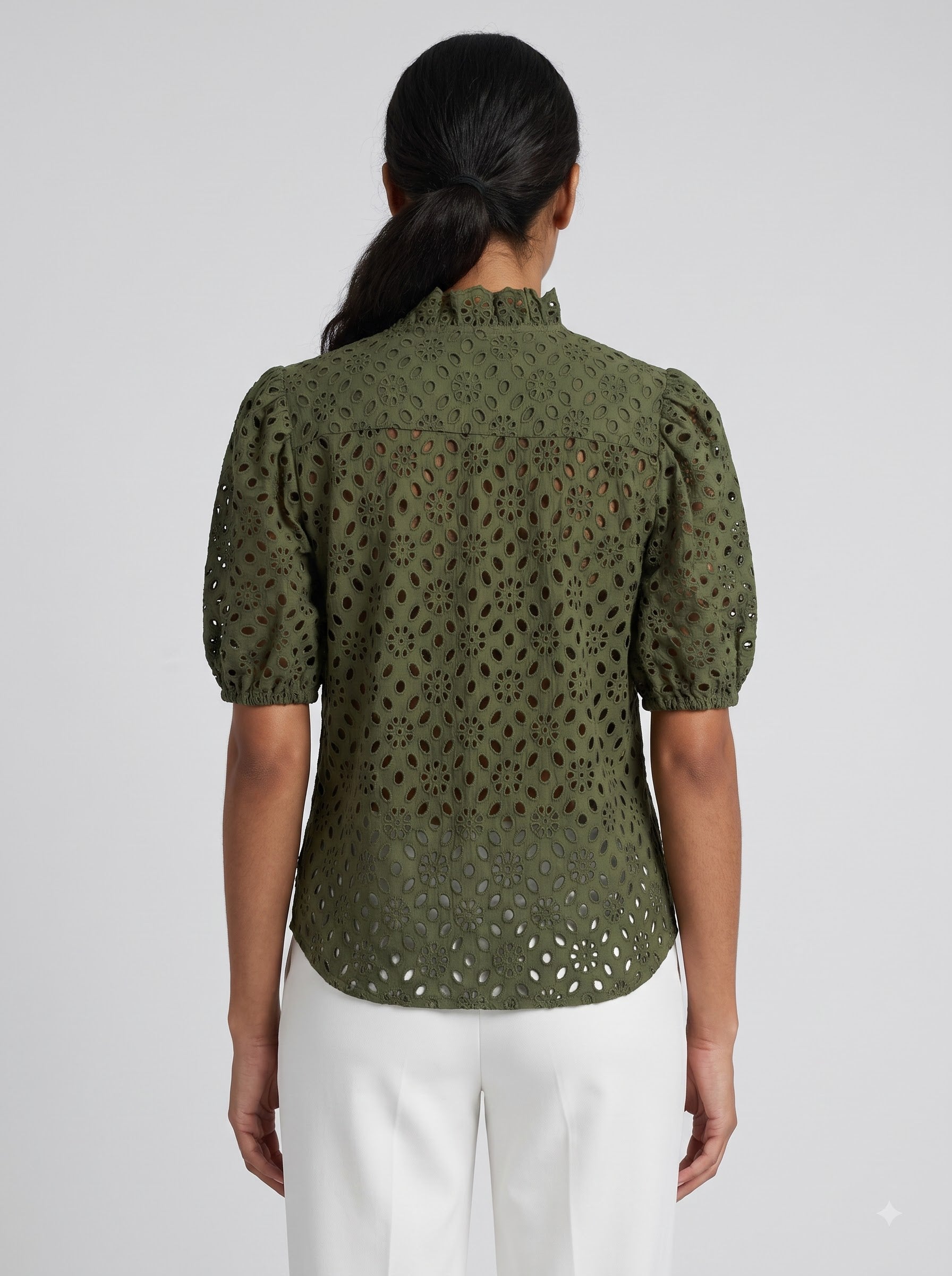 Women Peach/Olive Green Floral Schiffli Embroidered Regular Fit Top