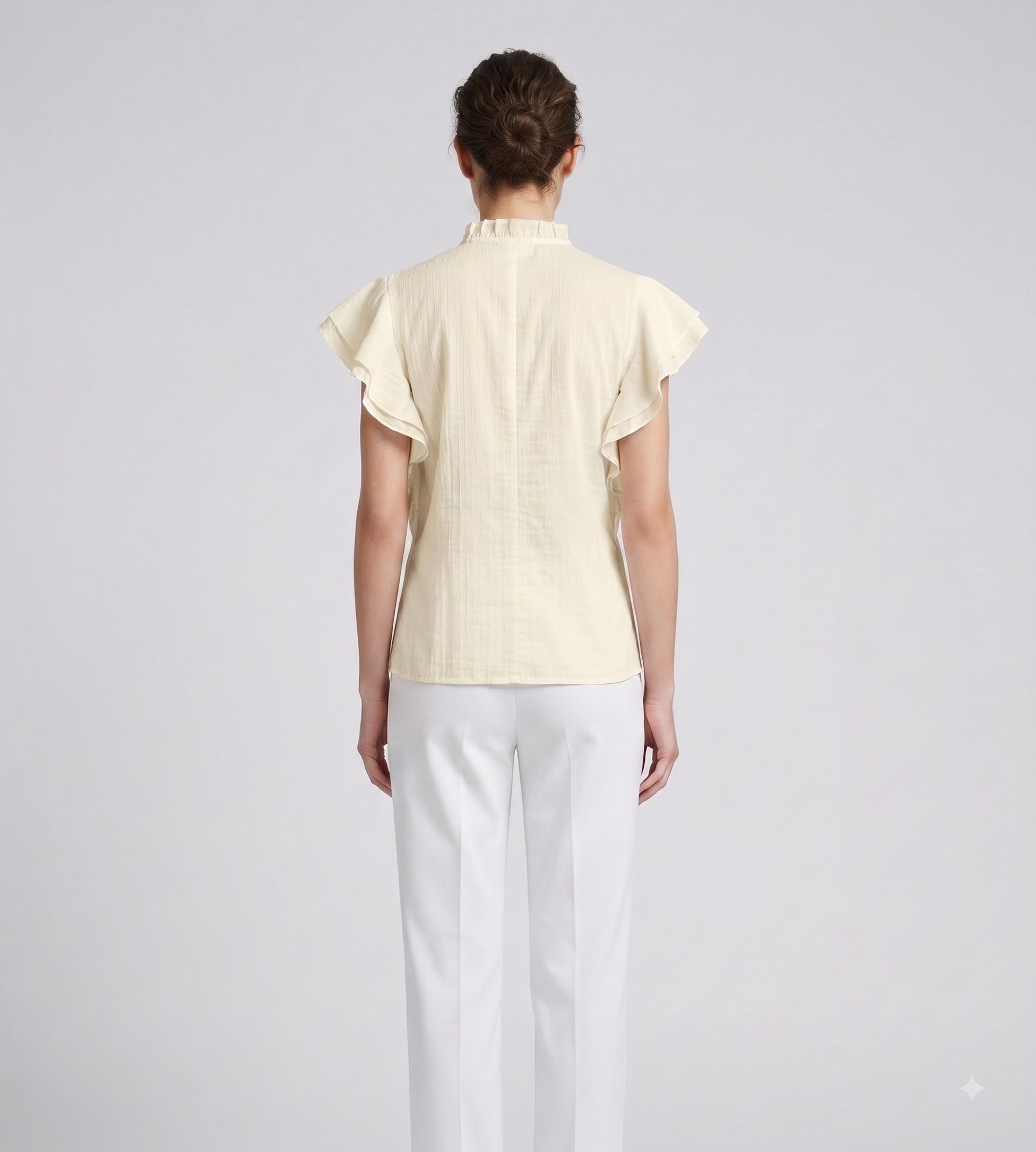 Women Cream Embroidered Ruffle Sleeve Regular Fit Top