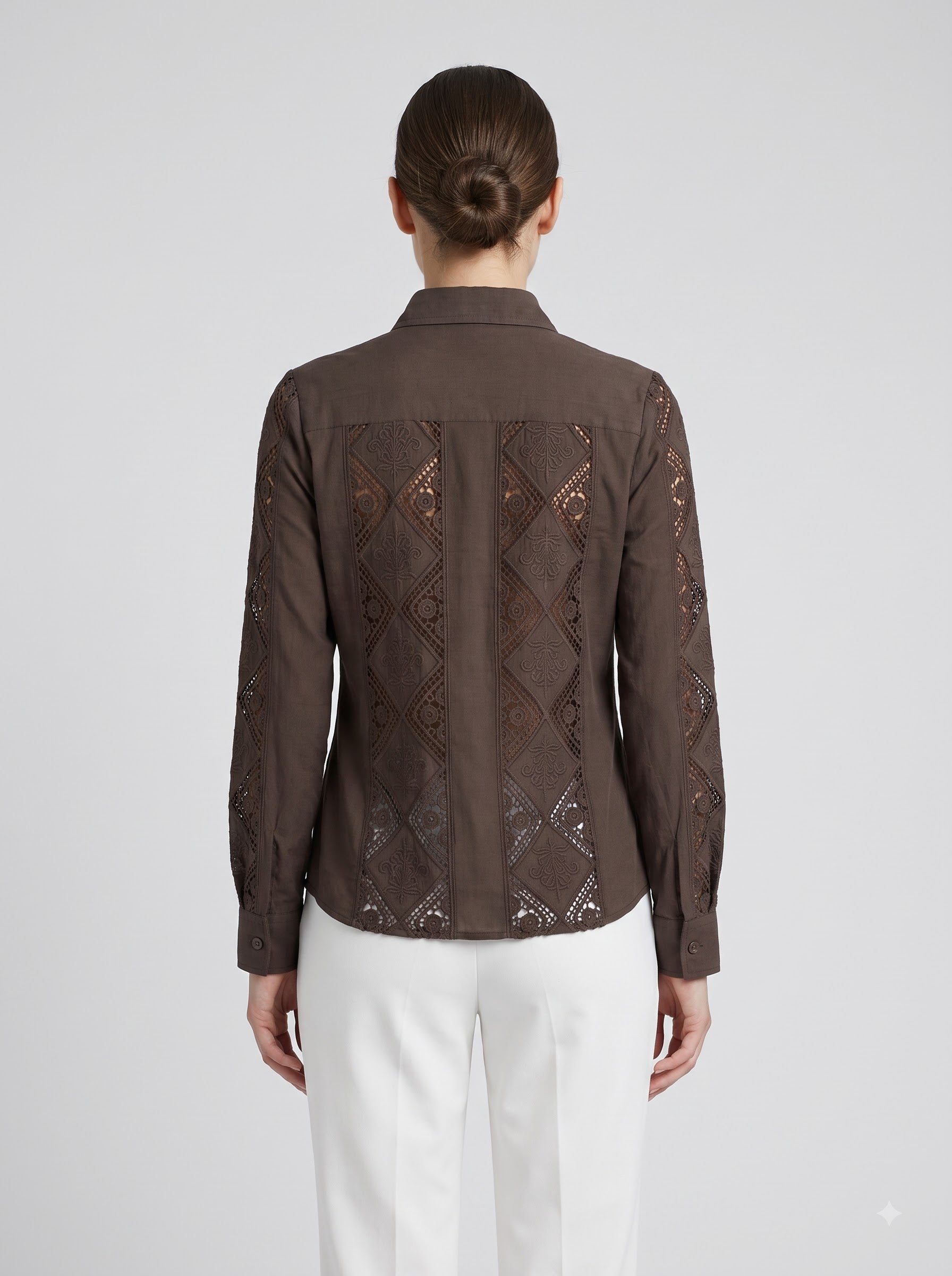 Women’s Coffee Brown Embroidered Cotton Shirt with Full Sleeves