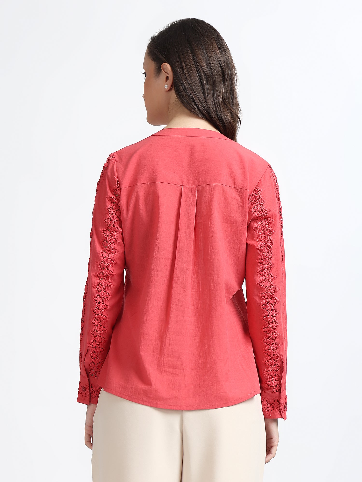Women Coral Embroidered Lace Detail Full Sleeve Shirt