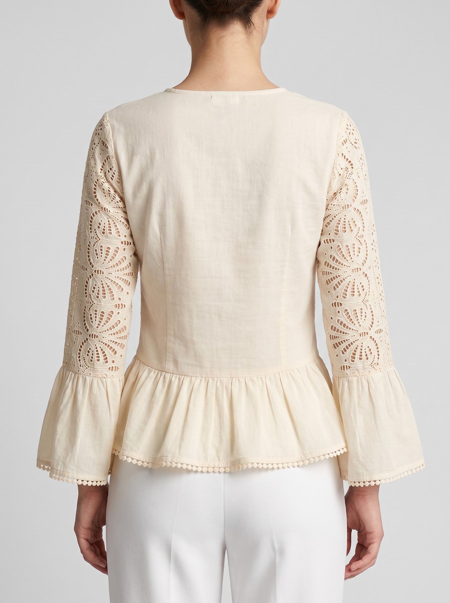 Women Beige Schiffli Embroidered Peplum Top with Flared Sleeves