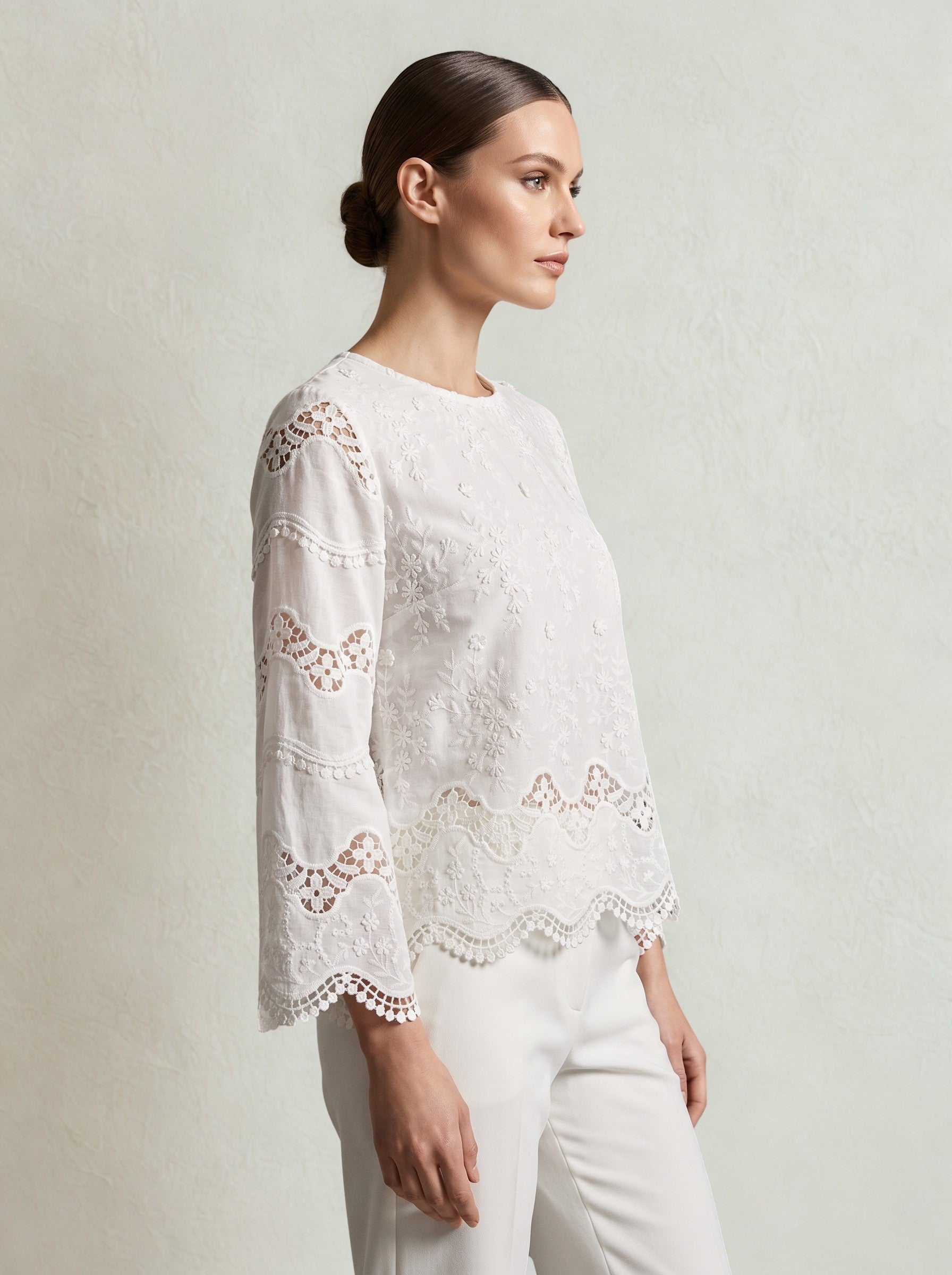 Women 3D White Floral Embroidered Cotton Top