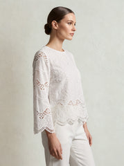 Women 3D White Floral Embroidered Cotton Top