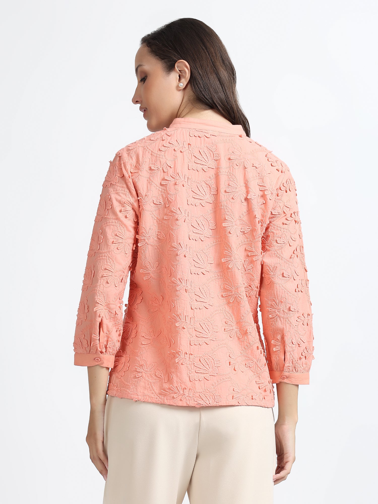 Women Peach Textured Embroidery 3/4 Sleeve Shirt