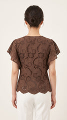 Women Brown Schiffli Embroidered Button-Down Top