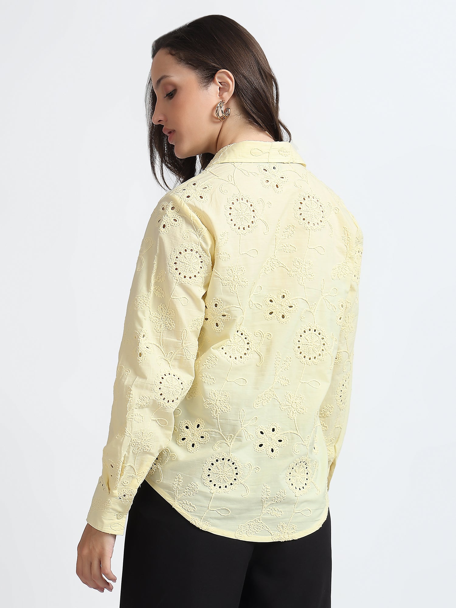 Women Light Yellow Floral Embroidered Full Sleeve Shirt