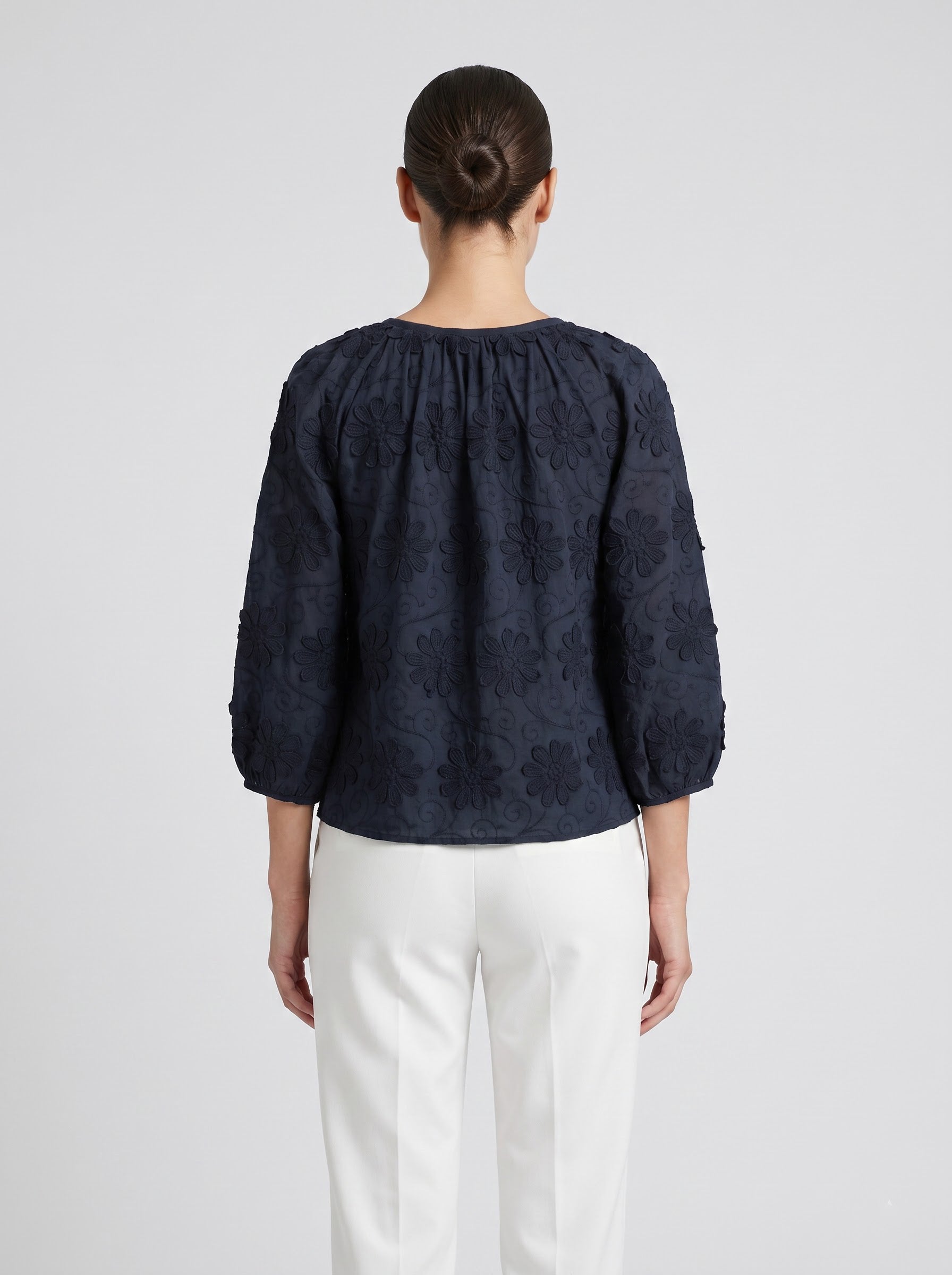 Women Black 3D Floral Embroidered Front tie-up Top