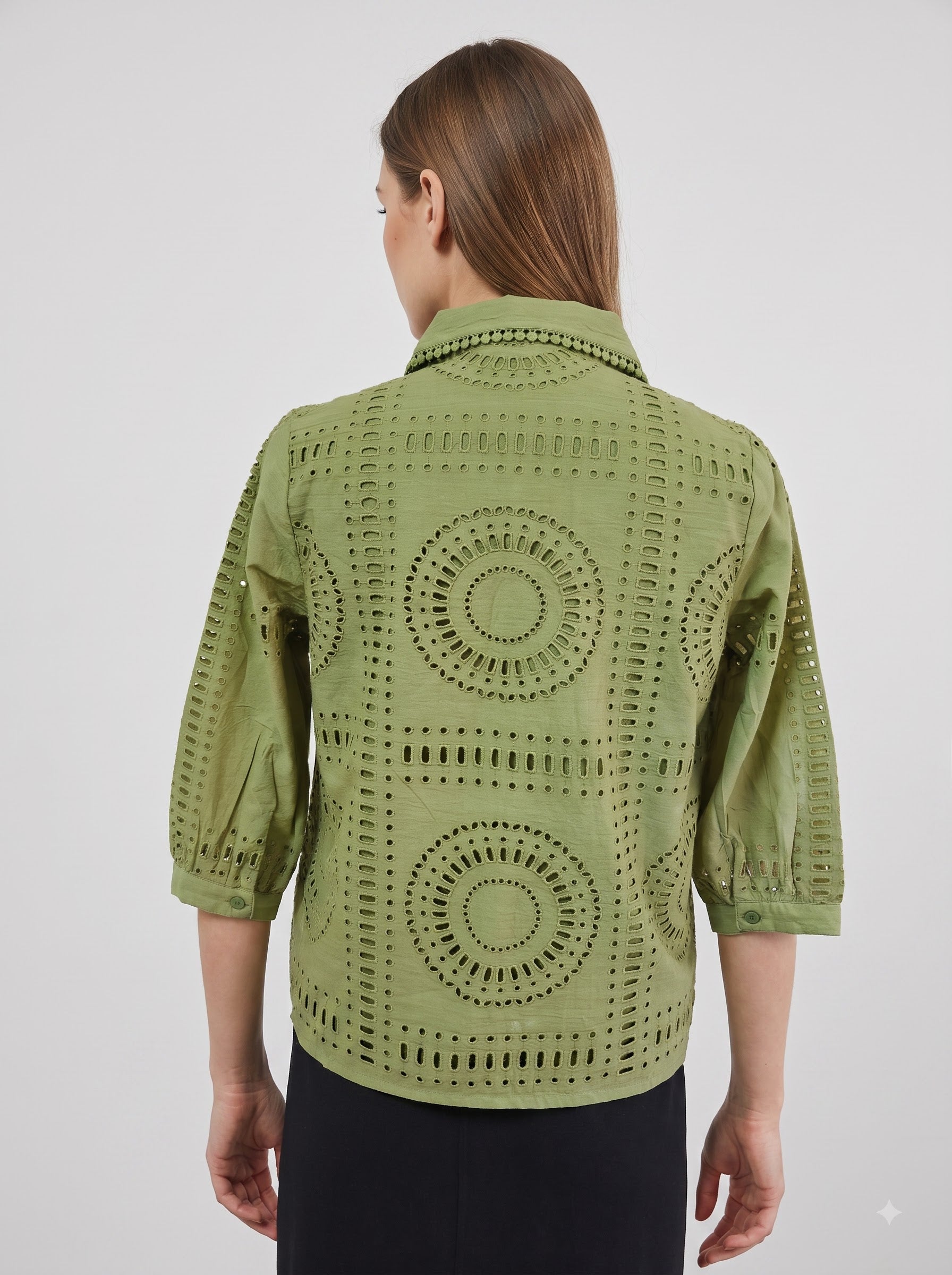 Women's Olive Green Schiffli Embroidered Cotton Shirt
