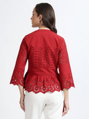 Women Red Schiffli Embroidery Peplum Top