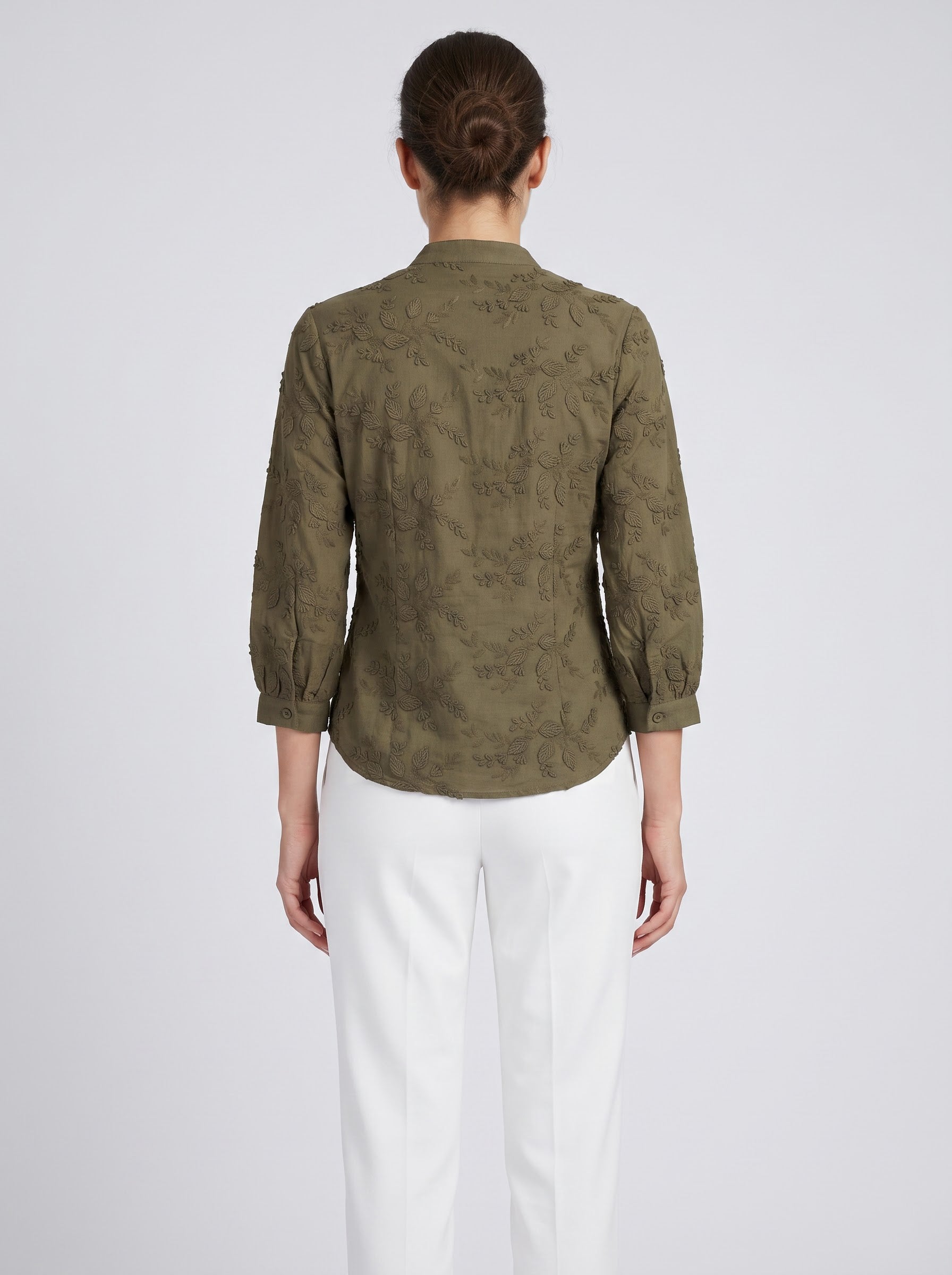 Women Olive Green Floral 3D Embroidered Regular Fit Top