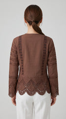 Women Brown Lace Embroidered Button-Front Top with Scalloped