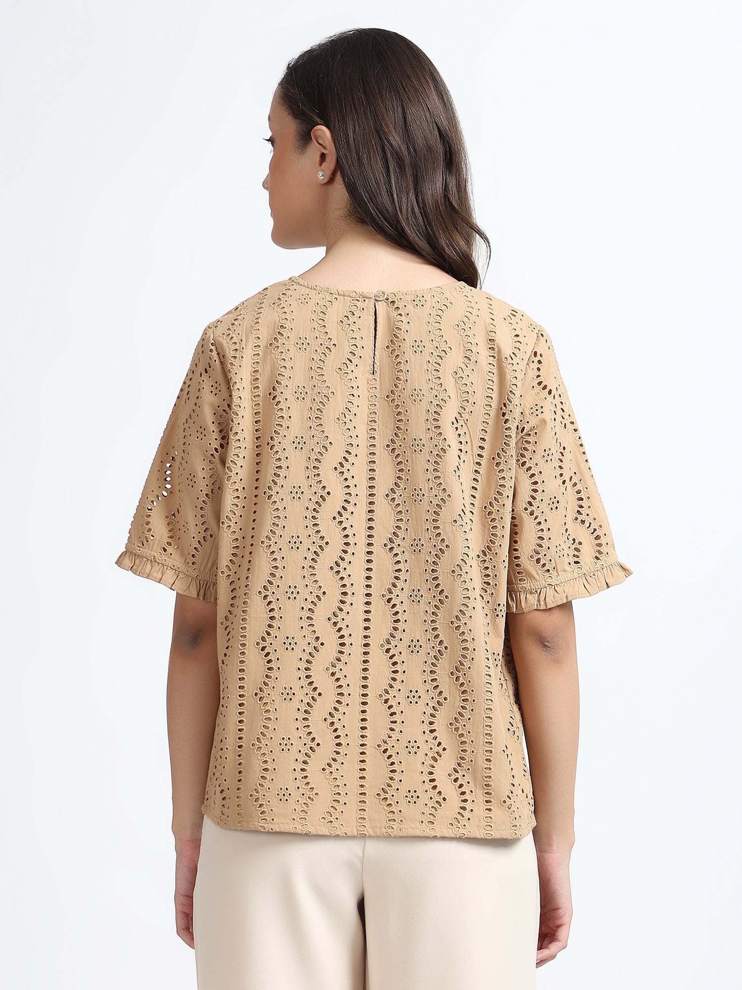 Women Beige Schiffli Embroidery Short Sleeve Top