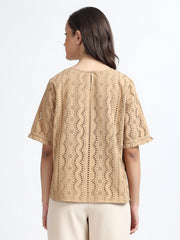 Women Beige Schiffli Embroidery Short Sleeve Top