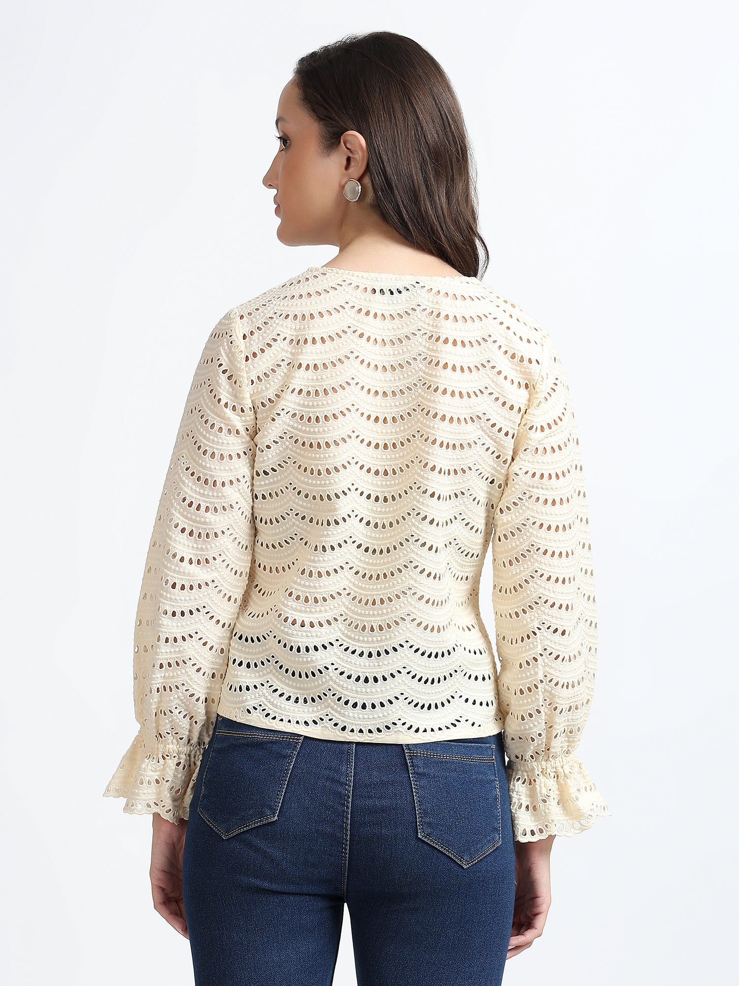 Women Cream Schiffli Embroidery V-Neck Shirt