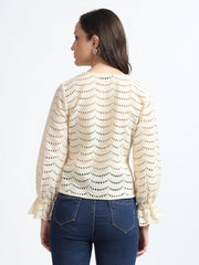 Women Cream Schiffli Embroidery V-Neck Shirt