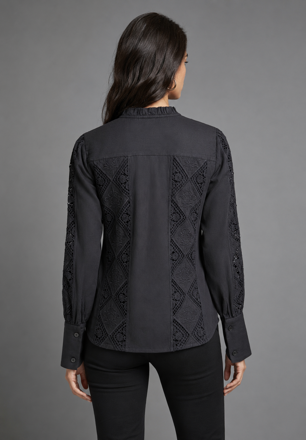Women's Black Schiffli Embroidered Cotton Shirt