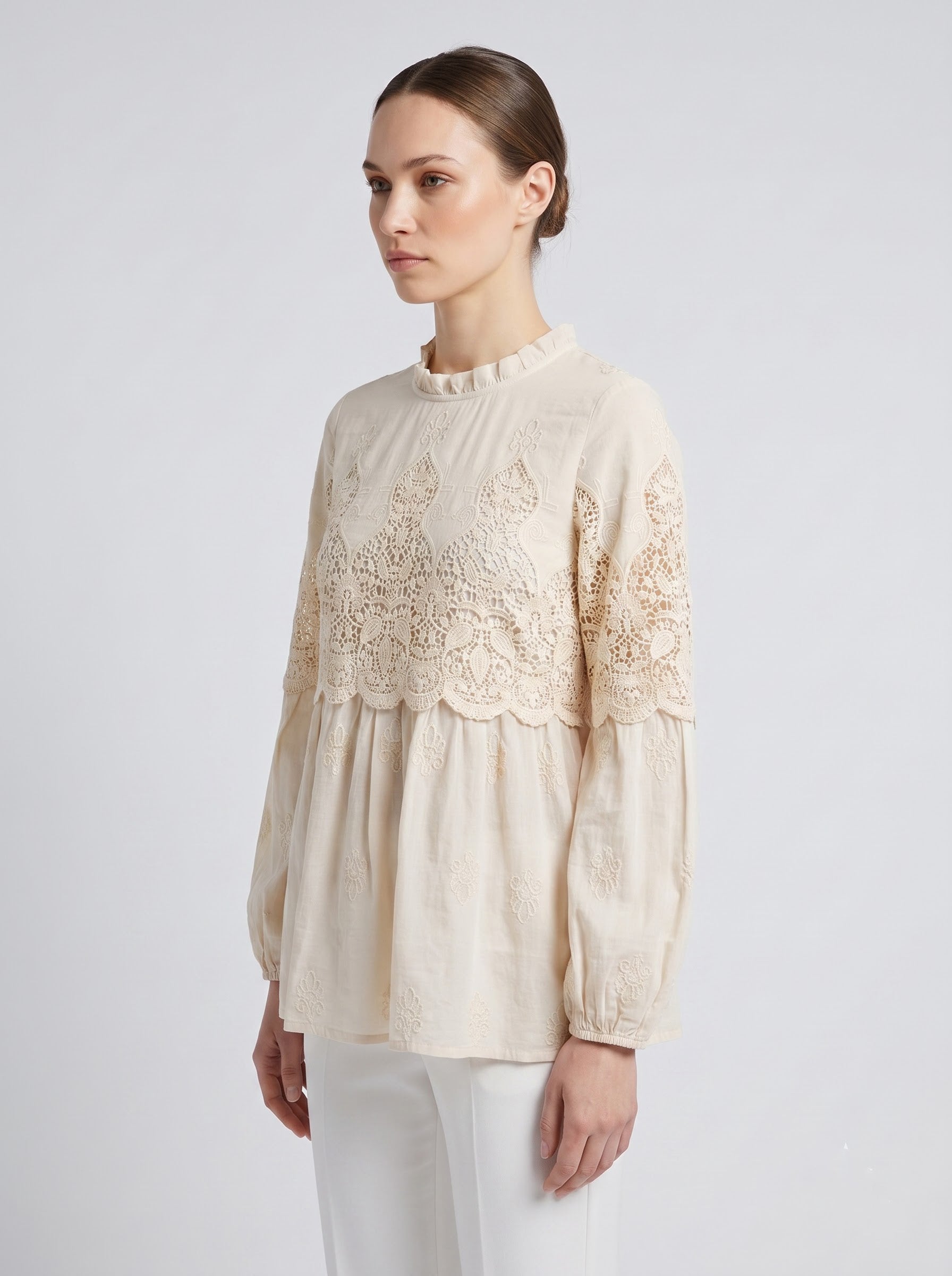 Women Cream Embroidered High Neck Regular Fit Top