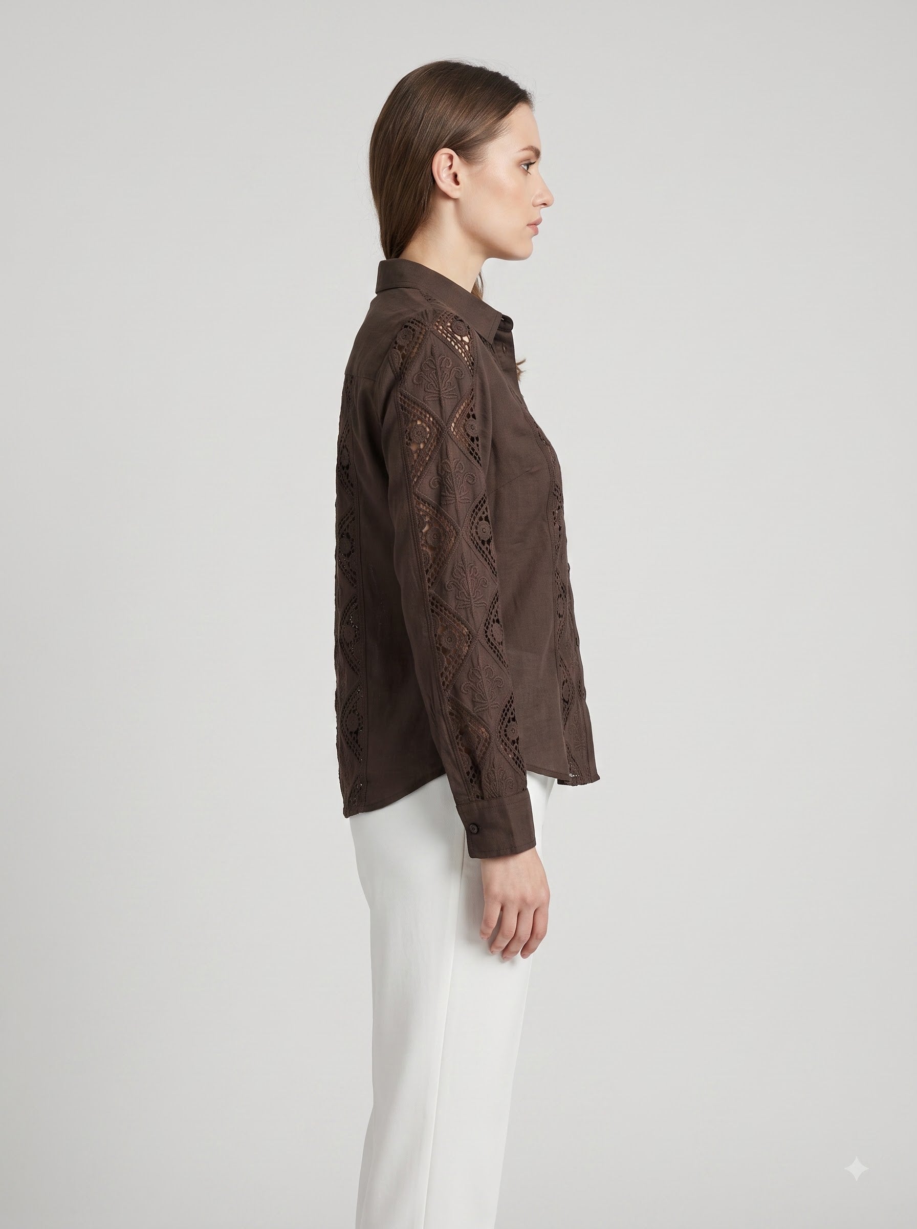 Women’s Coffee Brown Embroidered Cotton Shirt with Full Sleeves