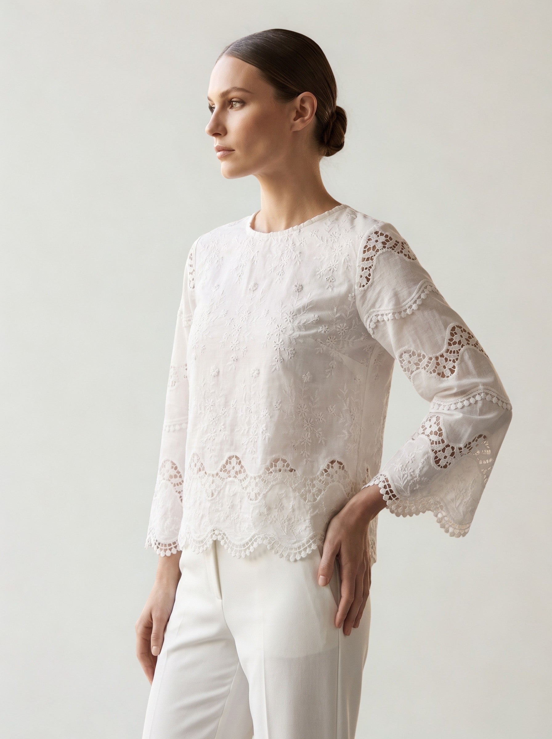 Women 3D White Floral Embroidered Cotton Top