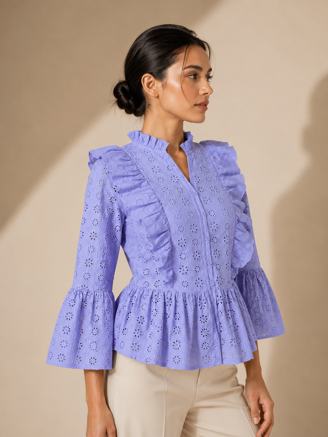 Embroidered Flared Sleeve Ruffles Cotton Peplum Purple Top