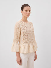 Women Beige Schiffli Embroidered Peplum Top with Flared Sleeves
