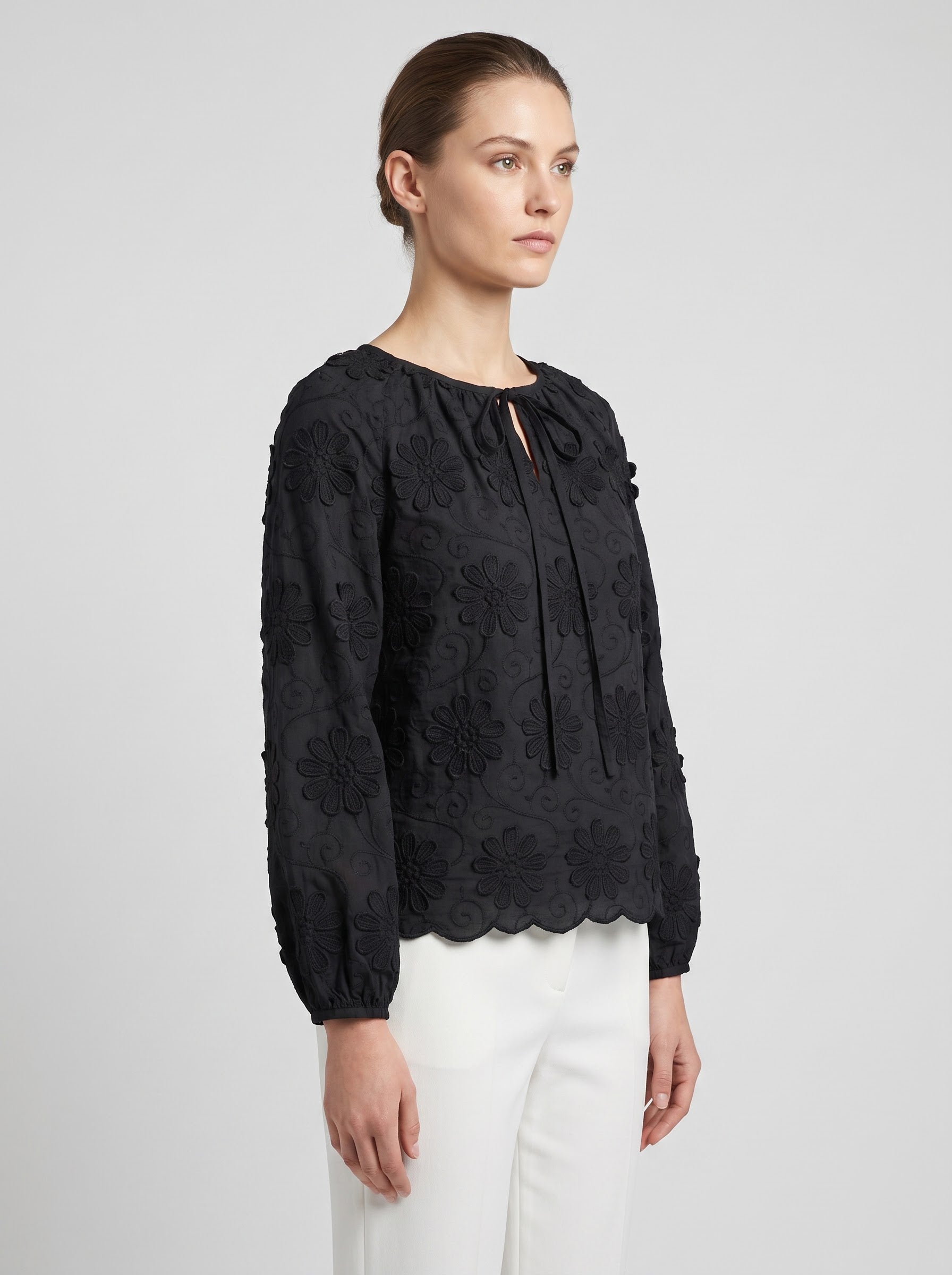 Women Black 3D Floral Embroidered Front tie-up Top