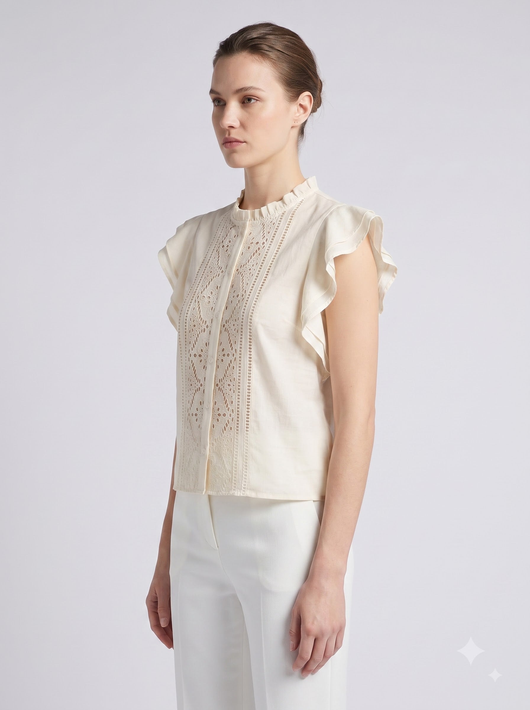 Women Cream Embroidered Ruffle Sleeve Regular Fit Top