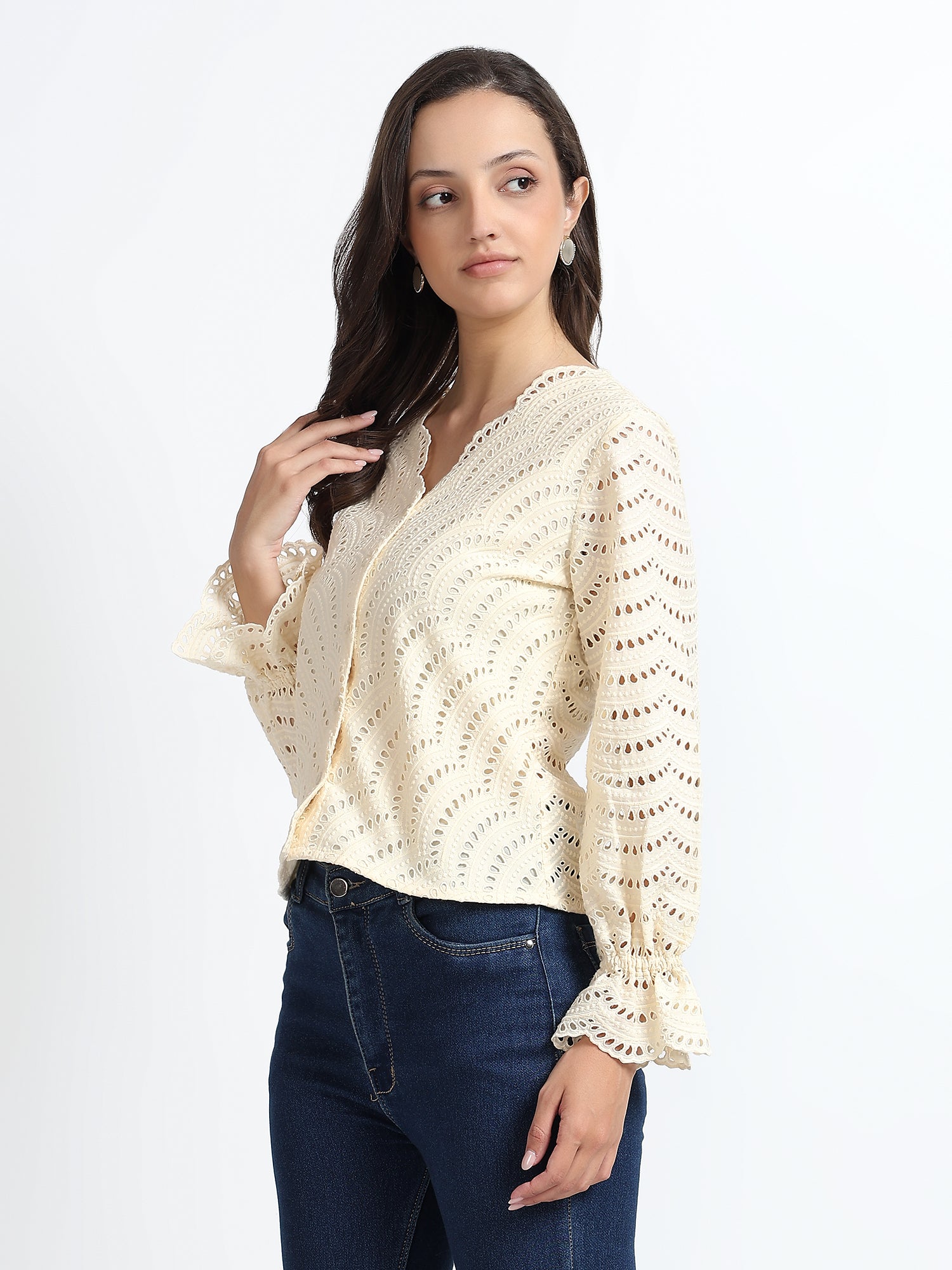 Women Cream Schiffli Embroidery V-Neck Shirt