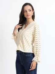 Women Cream Schiffli Embroidery V-Neck Shirt