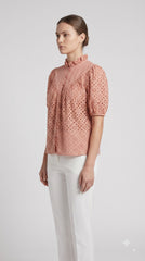 Women Peach Schiffli Embroidered High-Neck Top with Puff Sleeves