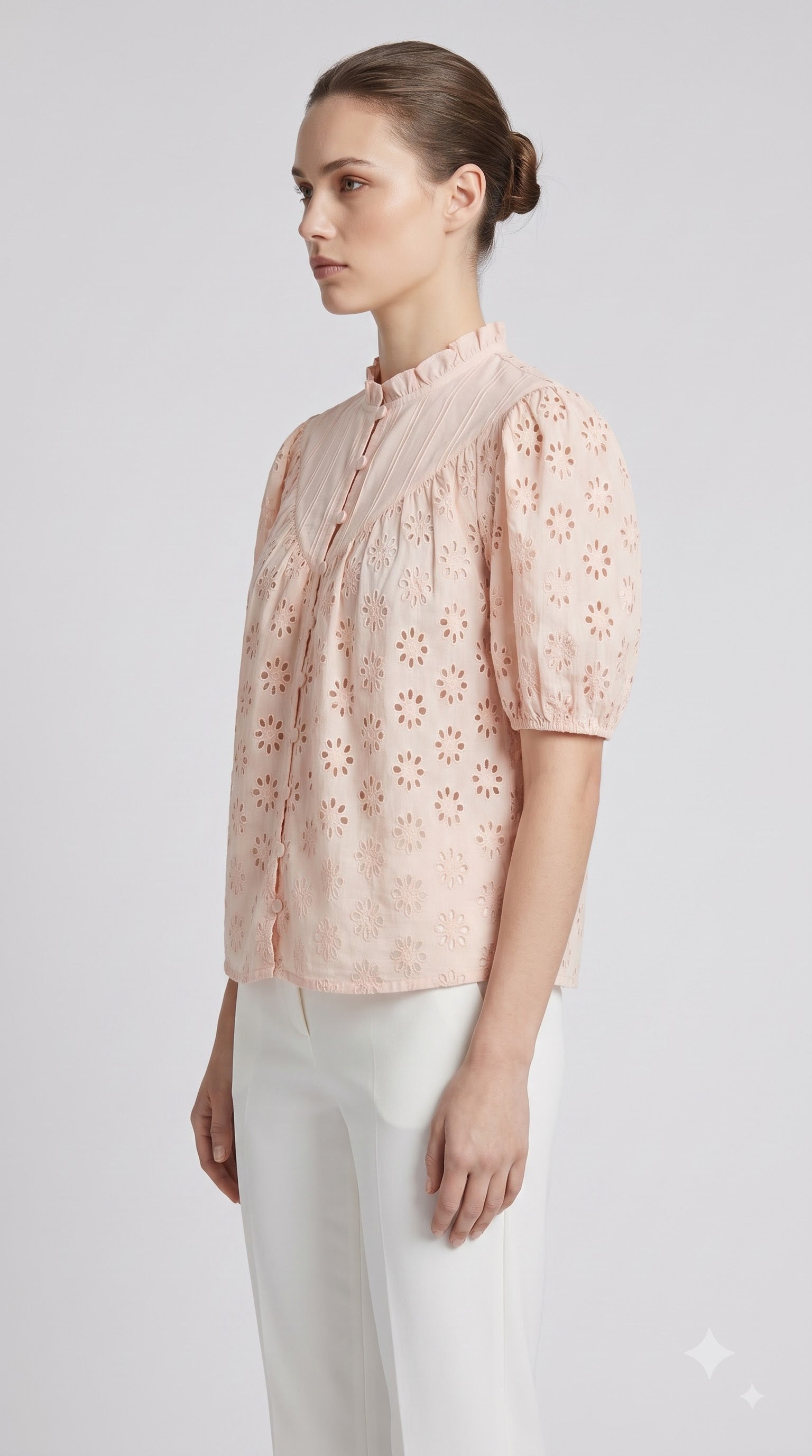 Women Peach/Olive Green Floral Schiffli Embroidered Regular Fit Top