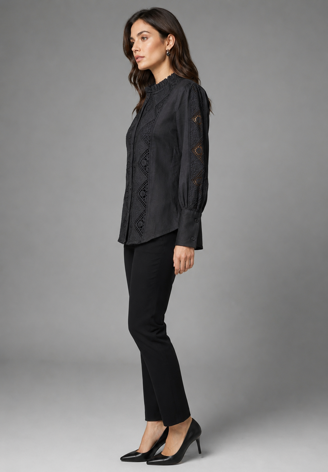 Women's Black Schiffli Embroidered Cotton Shirt