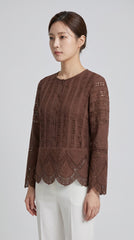 Women Brown Lace Embroidered Button-Front Top with Scalloped