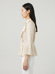 Women Cream Schiffli Embroidered Peplum Top with Ruffle Detail