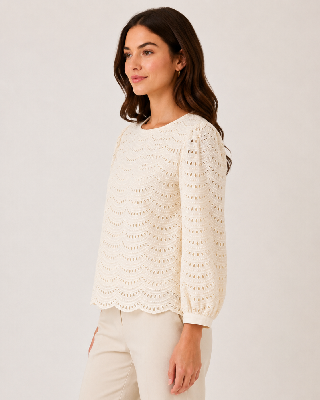 Cream Schiffli Embroidered Top with Puff Sleeves
