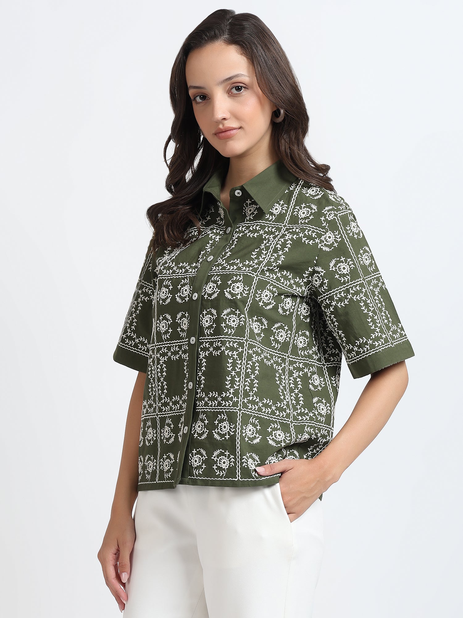 Women Olive Green Embroidered Short Sleeve Shirt
