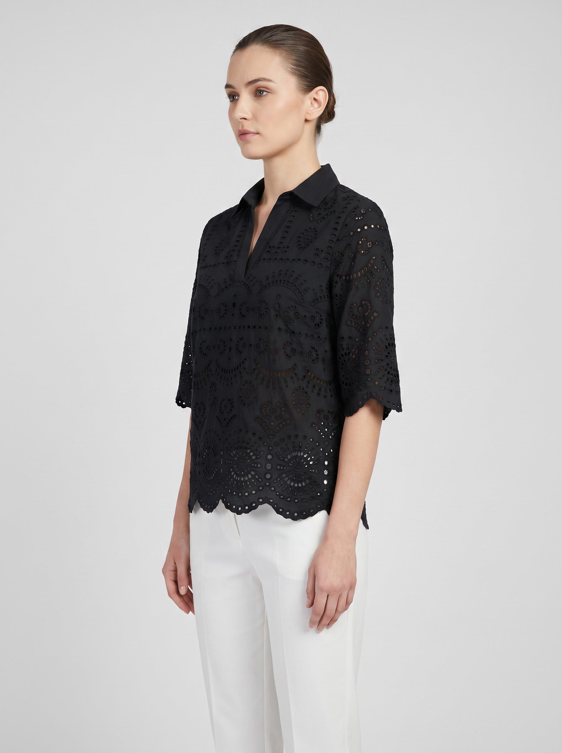 Women Black Schiffli Embroidered Regular Fit Top