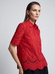 Women's Red Schifley Embroidered Cotton Half Sleeve Shirt